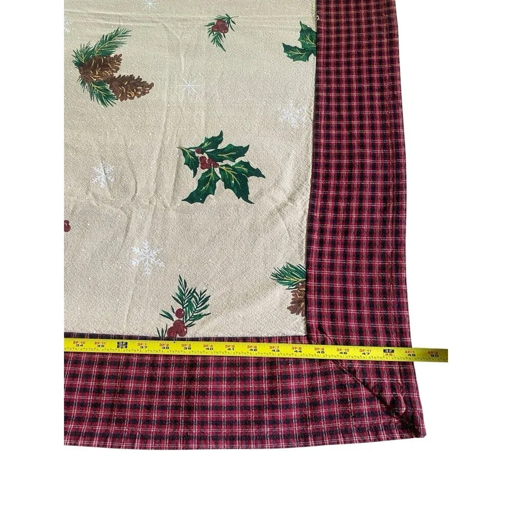 VTG 48” TableCloth Christmas Holly Pine Cones Snowflakes Country Plaid Handmade